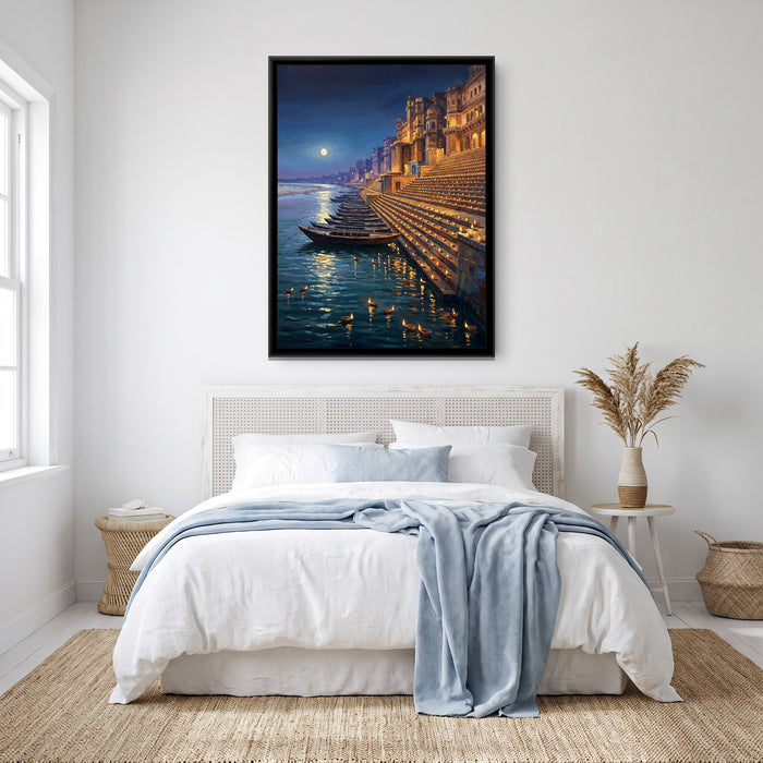 A Thousand Lamps on Dev Deepawali, canvas print shown in a second room