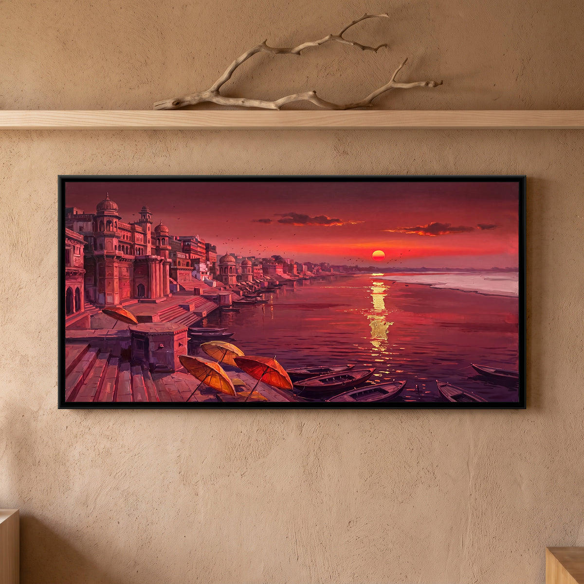 Crimson Dawn along the Varanasi Ghats, framed canvas print on a wall