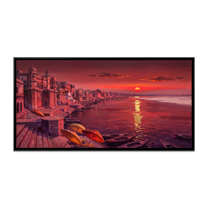 Crimson Dawn along the Varanasi Ghats, canvas print in a floater frame on a plain white background