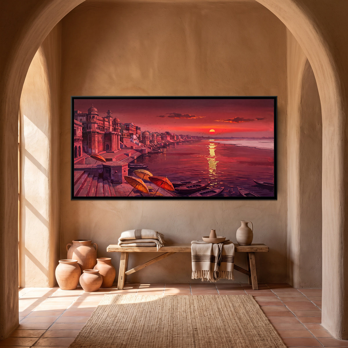 Crimson Dawn along the Varanasi Ghats, canvas print shown in a second room