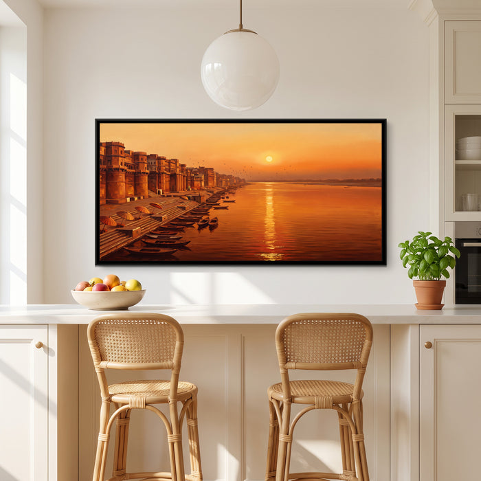 Saffron Sunrise above the Ganga, canvas print shown in a room