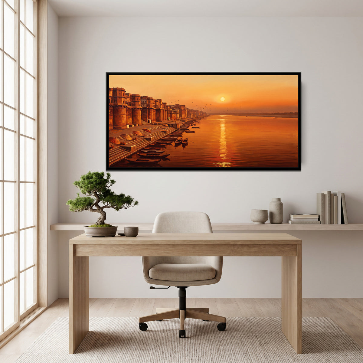 Saffron Sunrise above the Ganga, canvas print shown in a second room