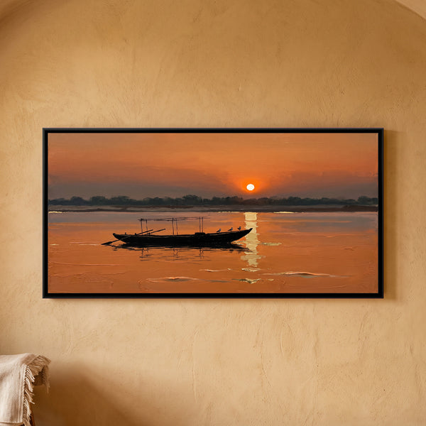 Morning Boat across the Sun on the Ganga, canvas in a room