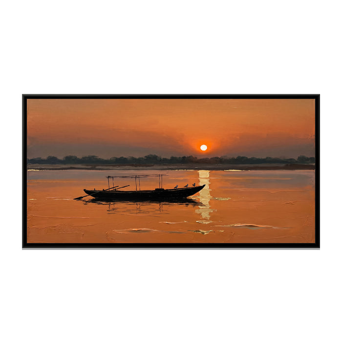 Morning Boat across the Sun on the Ganga, canvas print in a floater frame on a plain white background