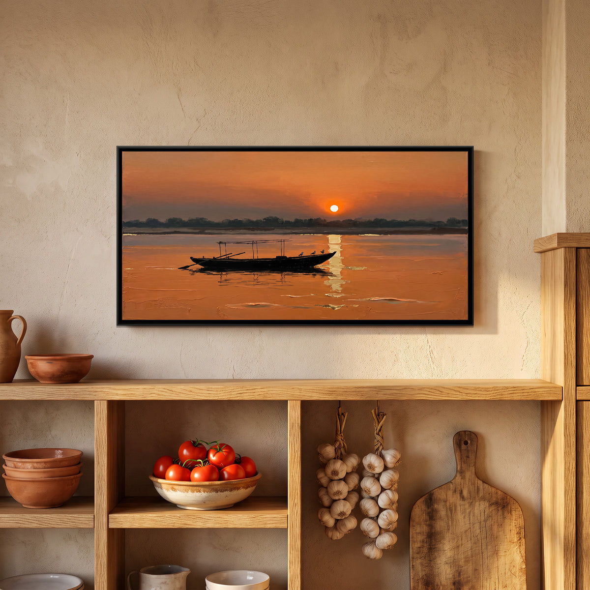 Morning Boat across the Sun on the Ganga, canvas print shown in a room
