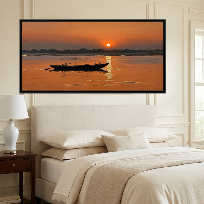 Morning Boat across the Sun on the Ganga, canvas print shown in a second room