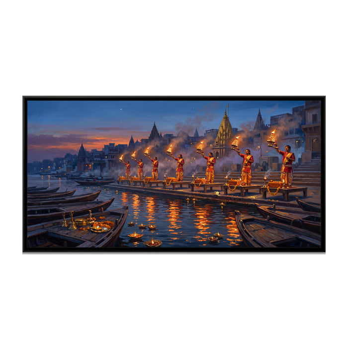 Evening Aarti at Dashashwamedh Ghat, canvas print in a floater frame on a plain white background