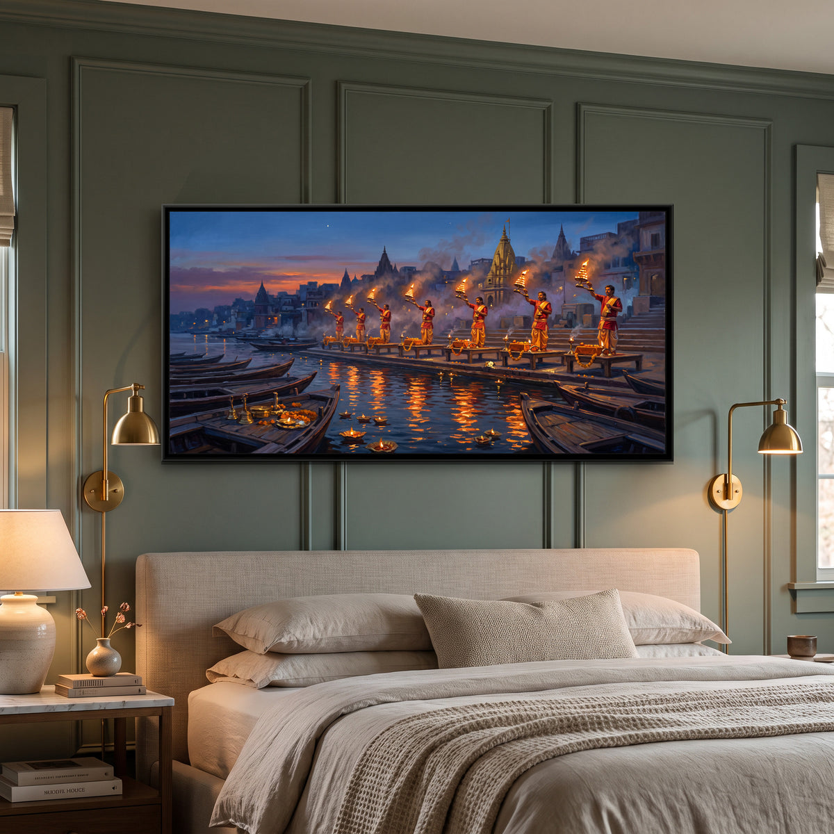 Evening Aarti at Dashashwamedh Ghat, canvas print shown in a room