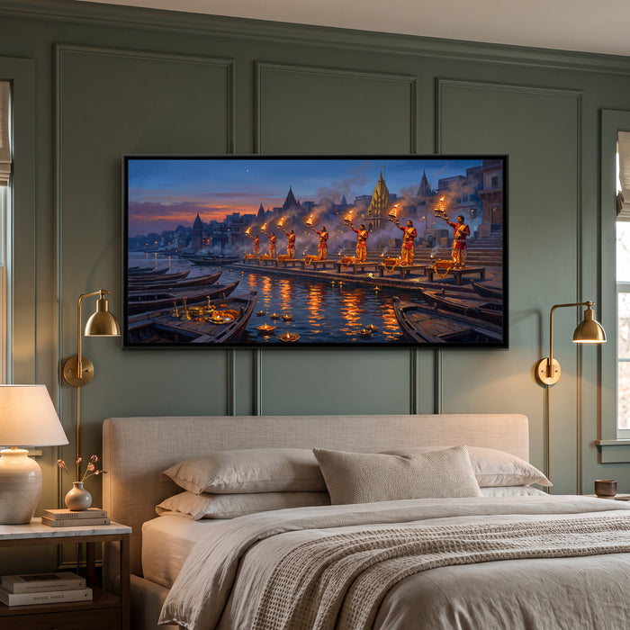 Evening Aarti at Dashashwamedh Ghat, canvas print shown in a room
