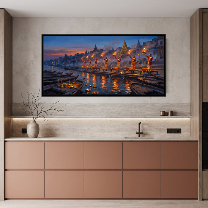 Evening Aarti at Dashashwamedh Ghat, canvas print shown in a second room