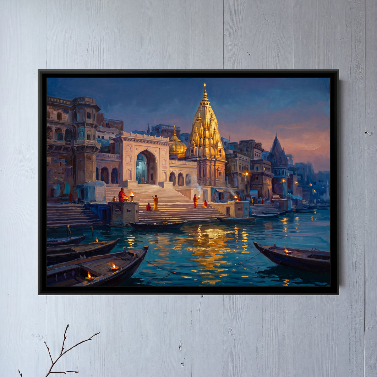 Kashi Vishwanath from the River at Blue Hour, framed canvas print on a wall