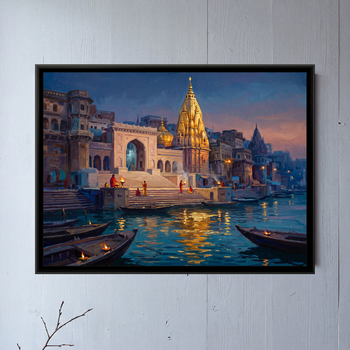 Kashi Vishwanath from the River at Blue Hour, framed canvas print on a wall