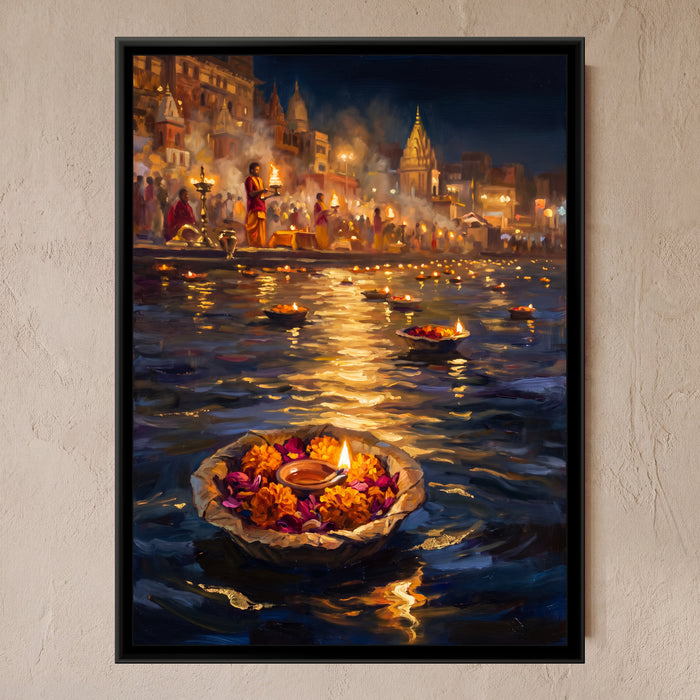 Diyas Drifting after the Ganga Aarti, framed canvas print on a wall