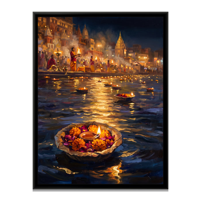 Diyas Drifting after the Ganga Aarti, canvas print in a floater frame on a plain white background