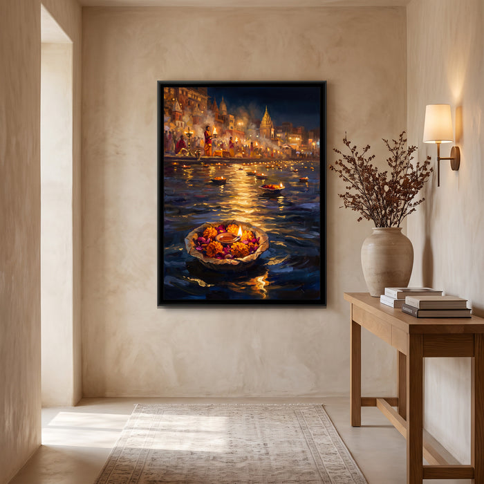 Diyas Drifting after the Ganga Aarti, canvas in a room