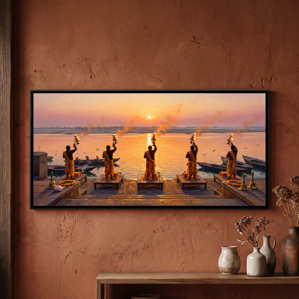 Subah-e-Banaras, Dawn Aarti at Assi Ghat, canvas in a room