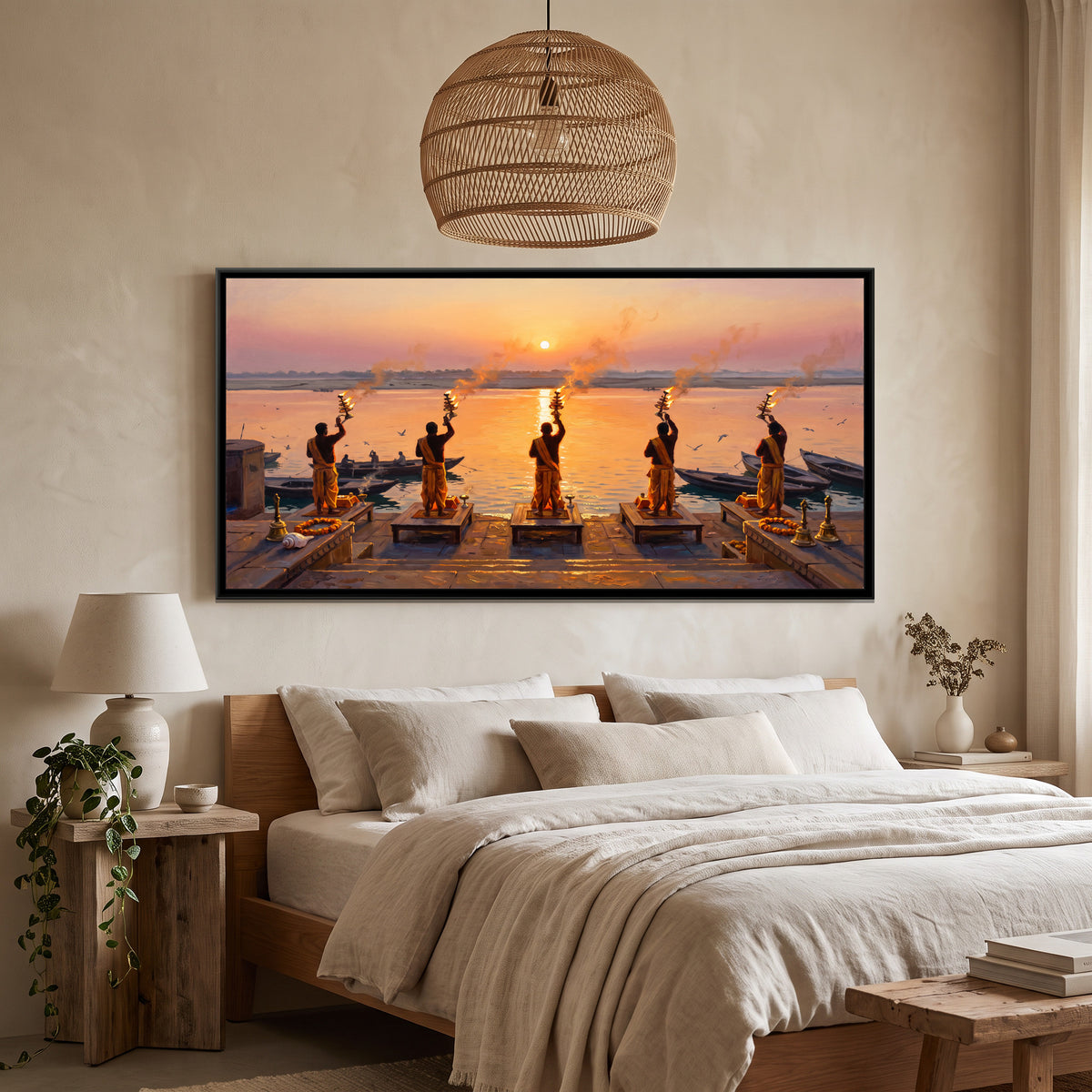 Subah-e-Banaras, Dawn Aarti at Assi Ghat, canvas print shown in a room