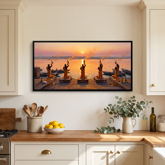 Subah-e-Banaras, Dawn Aarti at Assi Ghat, canvas print shown in a second room