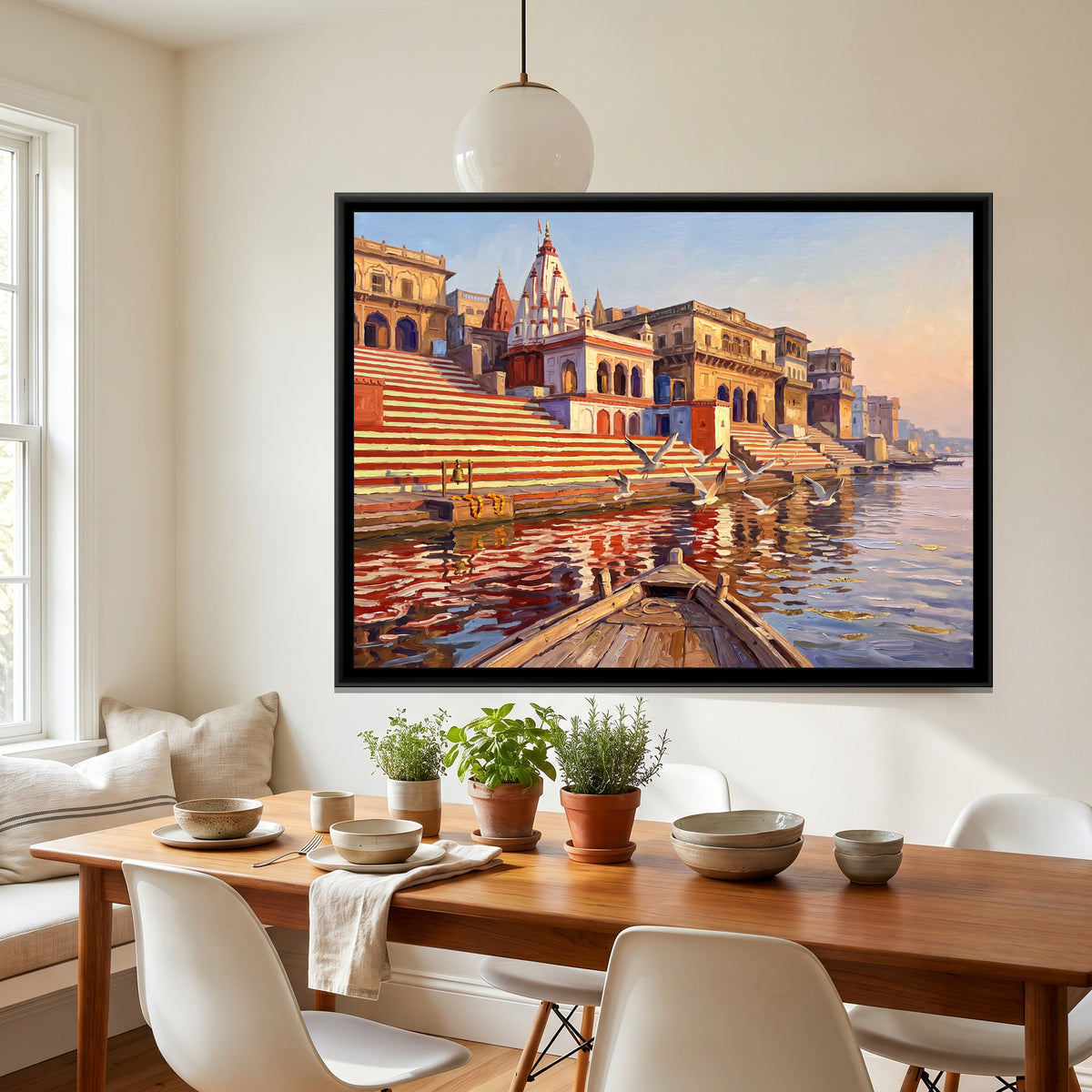 Kedar Ghat's Striped Steps at Sunrise, canvas print shown in a second room