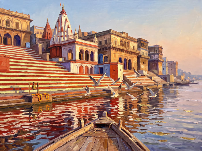 Kedar Ghat's Striped Steps at Sunrise, the full artwork