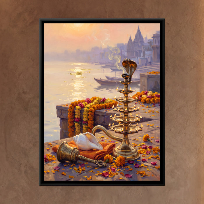 Brass Aarti Lamp at the Ghat at Dawn, framed canvas print on a wall