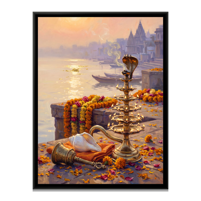 Brass Aarti Lamp at the Ghat at Dawn, canvas print in a floater frame on a plain white background