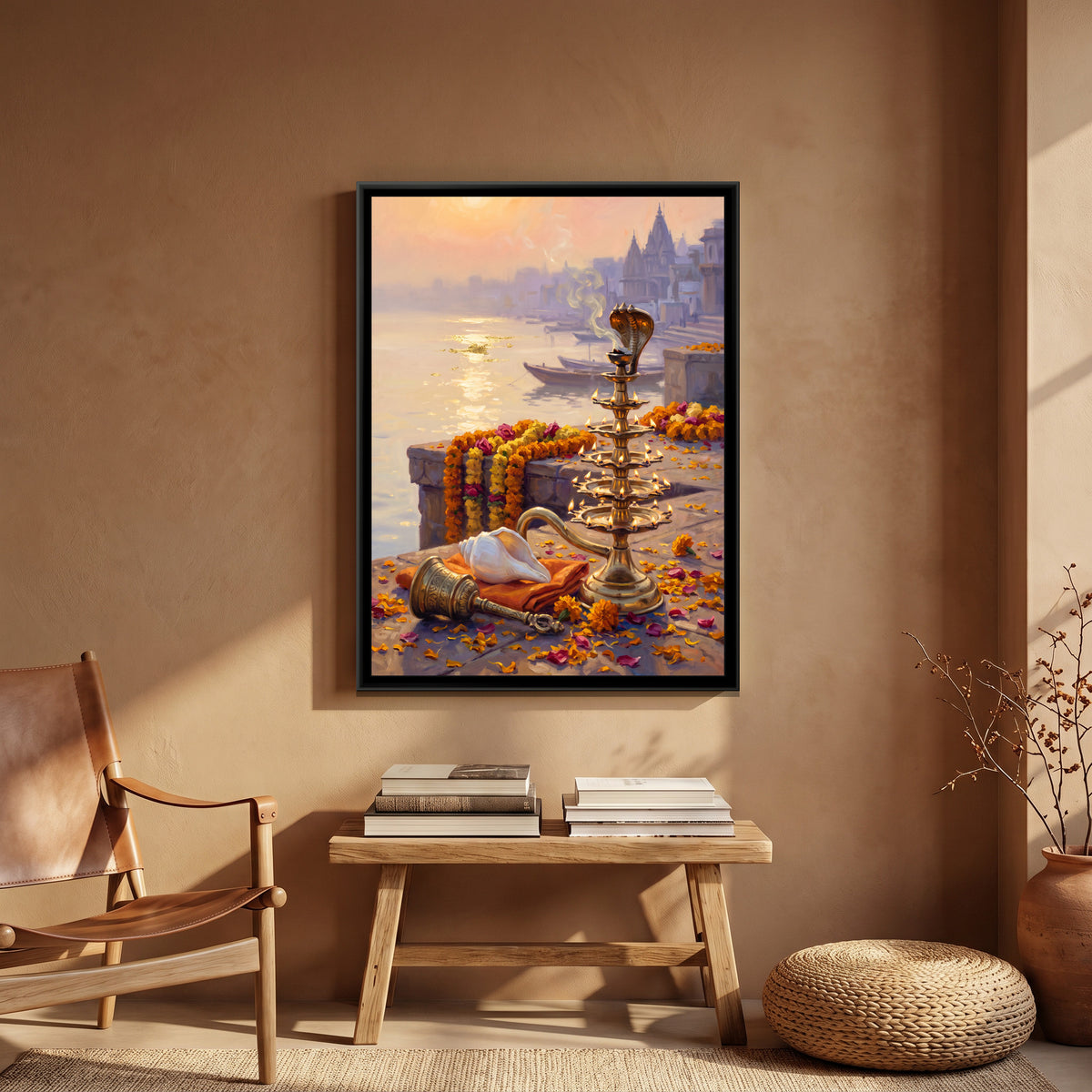 Brass Aarti Lamp at the Ghat at Dawn, canvas print shown in a room
