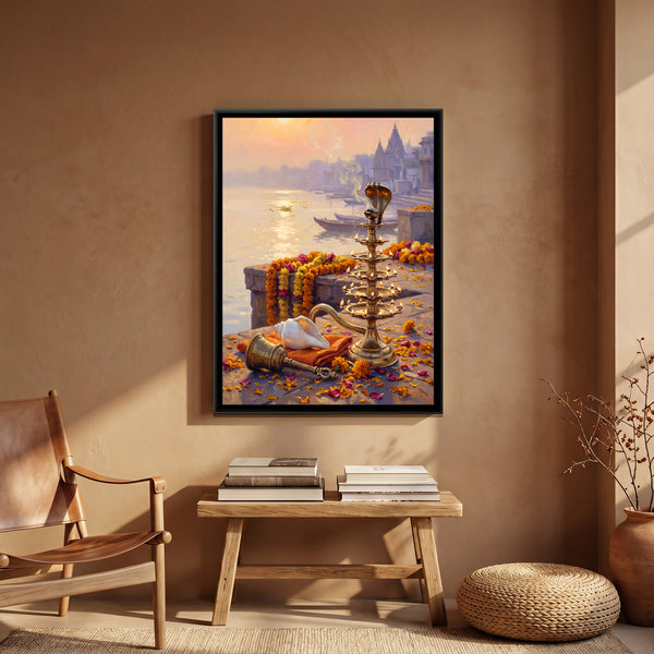 Brass Aarti Lamp at the Ghat at Dawn, canvas in a room