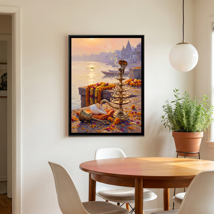 Brass Aarti Lamp at the Ghat at Dawn, canvas print shown in a second room