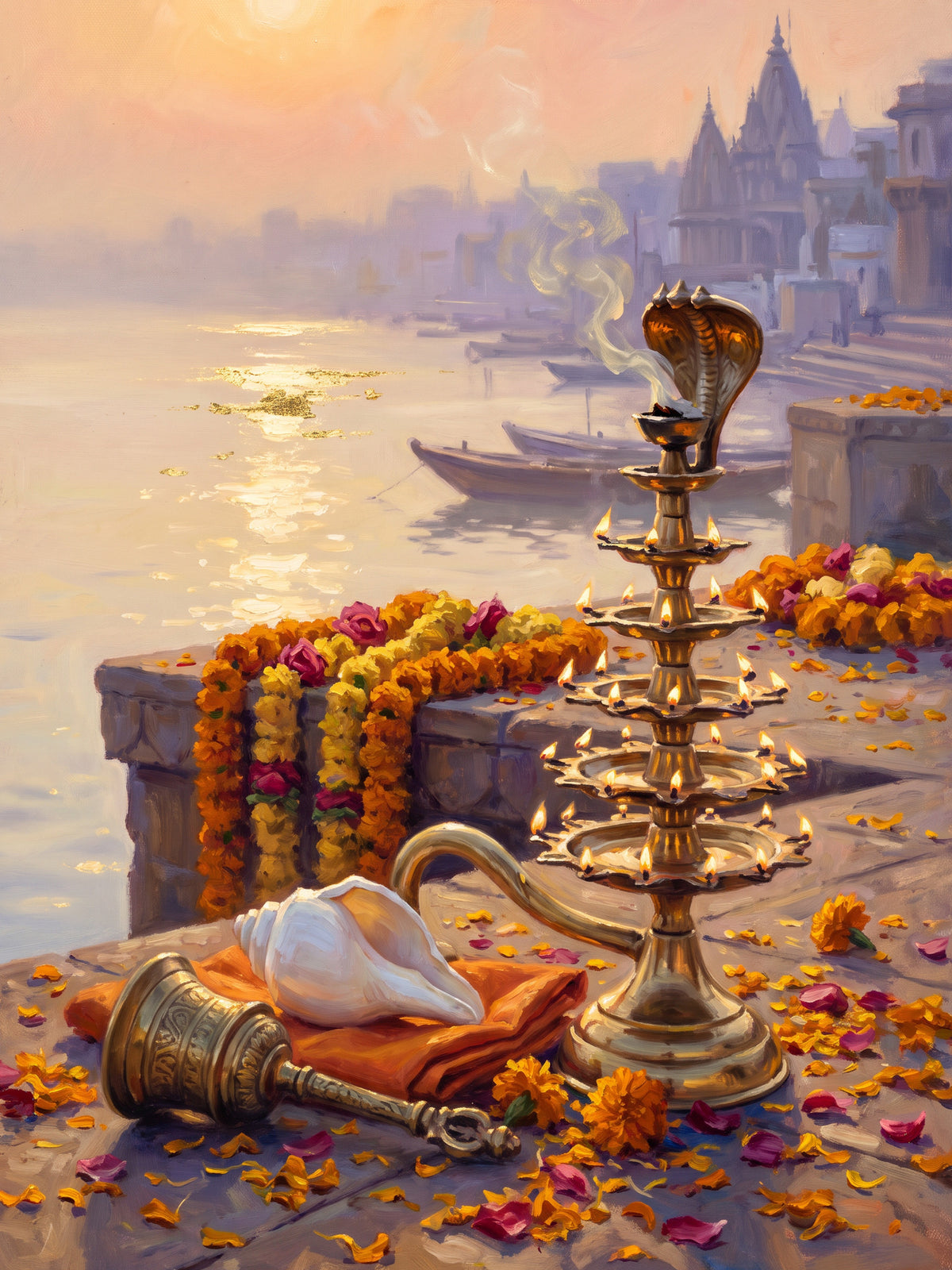 Brass Aarti Lamp at the Ghat at Dawn, the full artwork