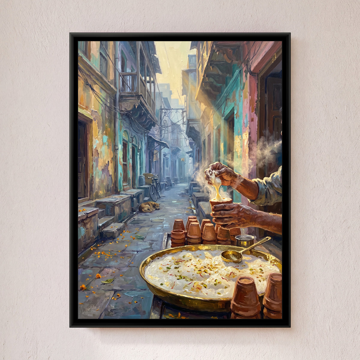 Malaiyo on a Winter Morning in the Lanes, framed canvas print on a wall