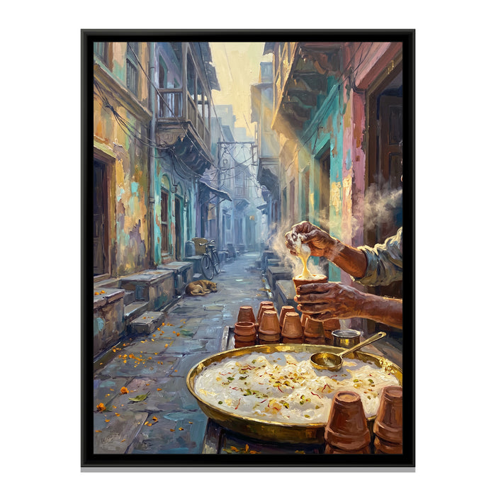 Malaiyo on a Winter Morning in the Lanes, canvas print in a floater frame on a plain white background