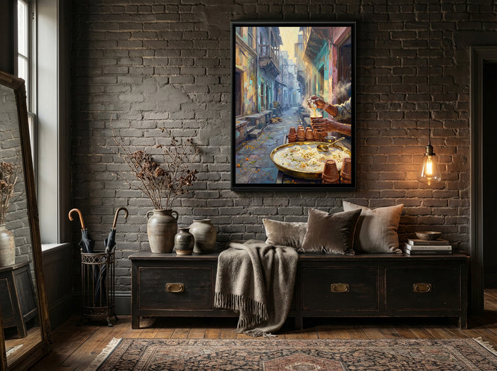 Malaiyo on a Winter Morning in the Lanes, canvas print shown in a room