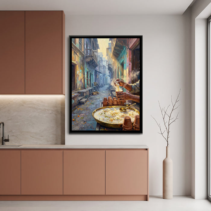 Malaiyo on a Winter Morning in the Lanes, canvas print shown in a second room