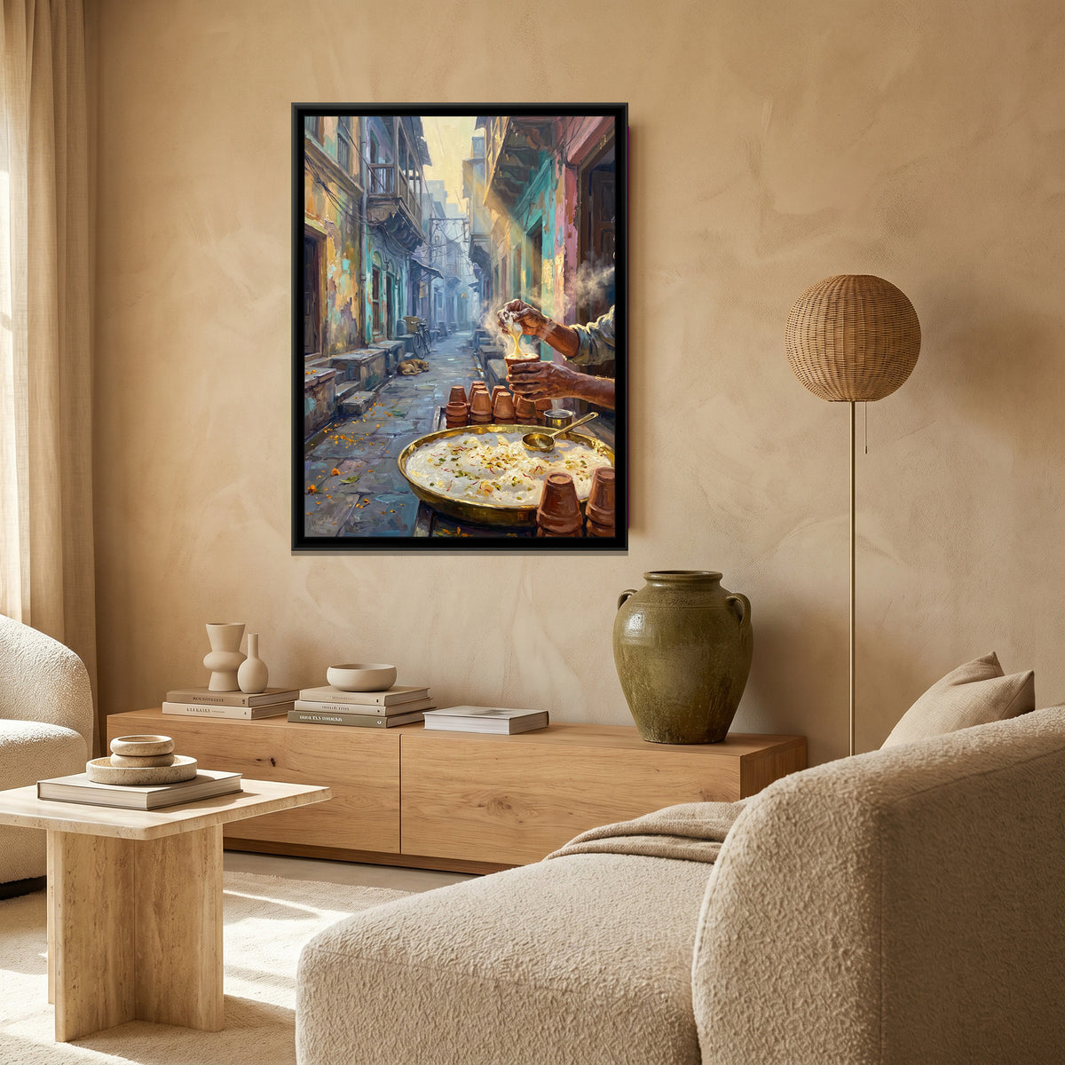 Malaiyo on a Winter Morning in the Lanes, canvas print in a warm sand-toned living room