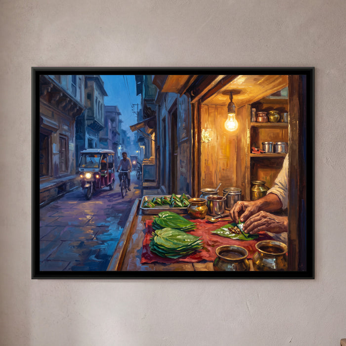 The Paan Shop at Dusk, Banaras, framed canvas print on a wall