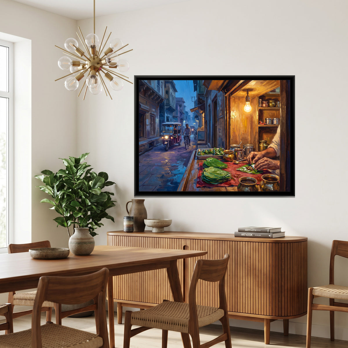 The Paan Shop at Dusk, Banaras, canvas print shown in a second room