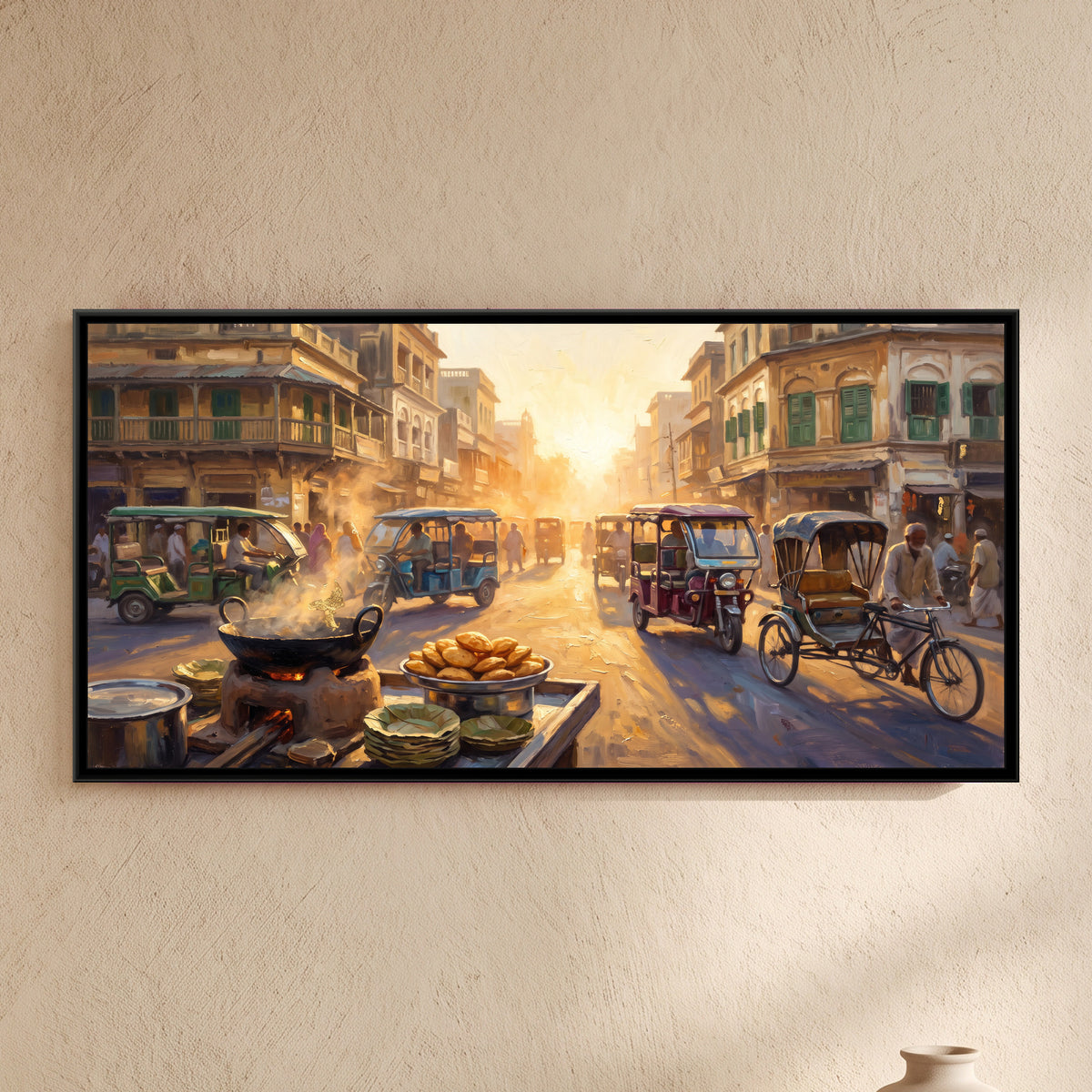 Godowlia Chowk at Golden Hour, framed canvas print on a wall