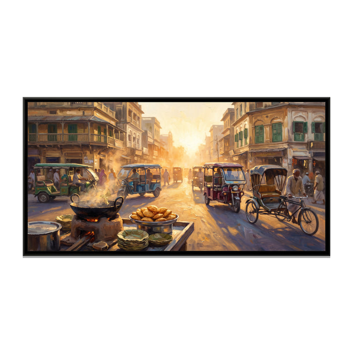 Godowlia Chowk at Golden Hour, canvas print in a floater frame on a plain white background