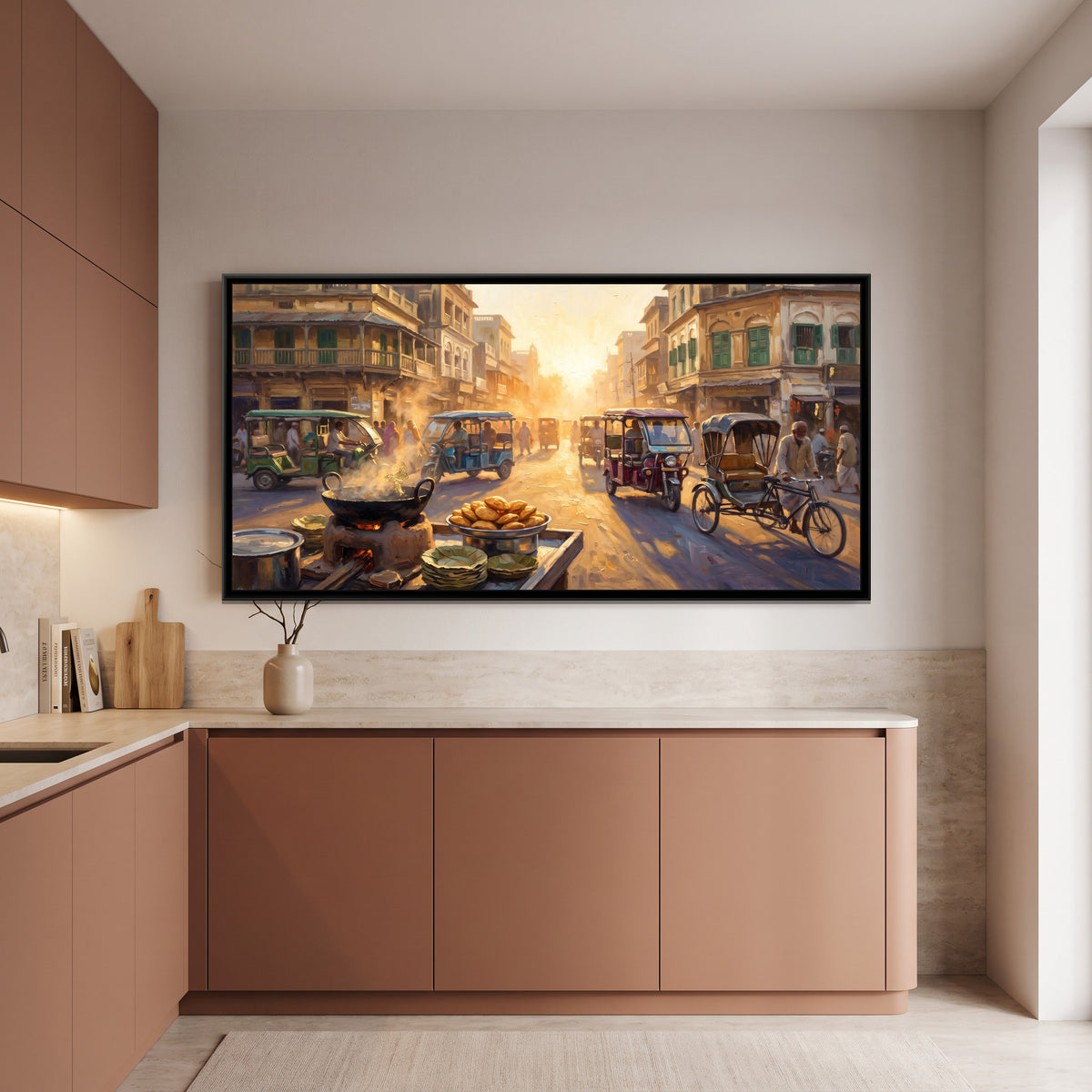Godowlia Chowk at Golden Hour, canvas print shown in a second room