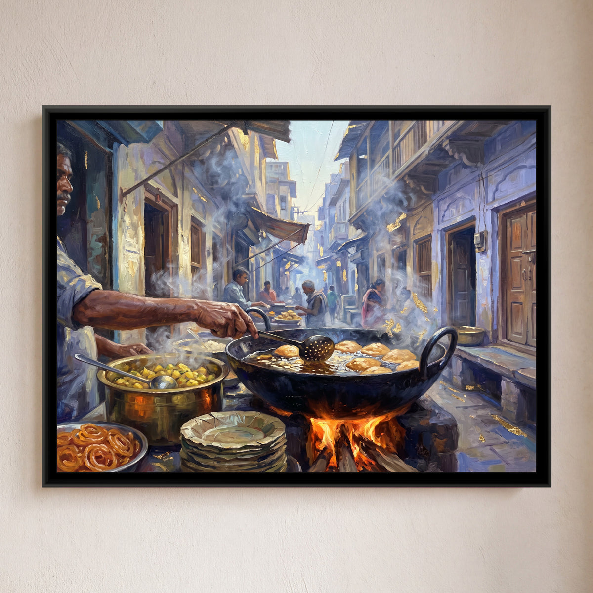 Kachori Sabzi at Dawn in Kachori Gali, framed canvas print on a wall