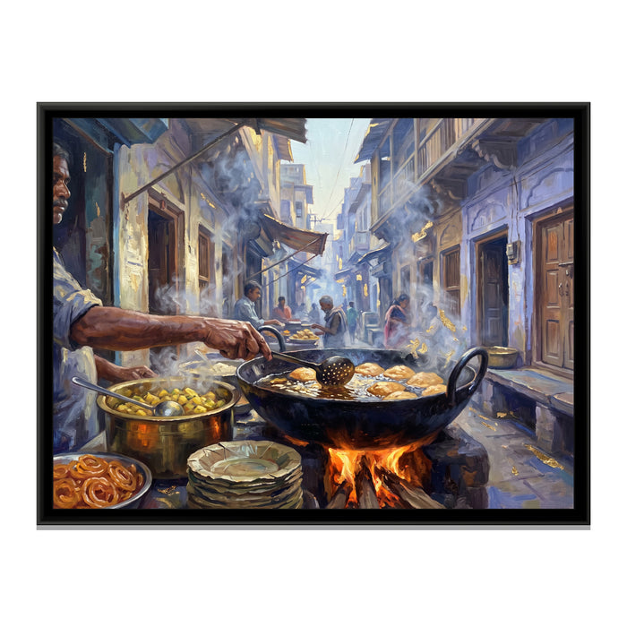 Kachori Sabzi at Dawn in Kachori Gali, canvas print in a floater frame on a plain white background