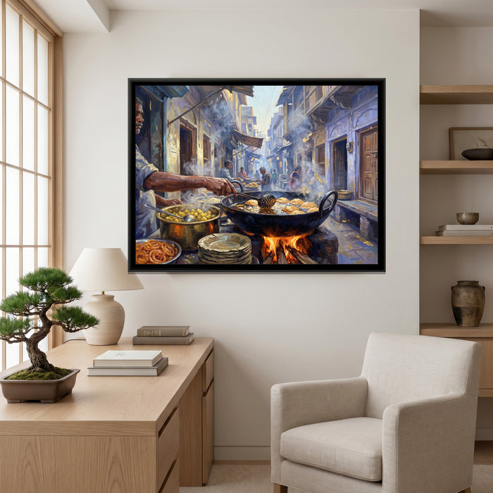 Kachori Sabzi at Dawn in Kachori Gali, canvas print shown in a room