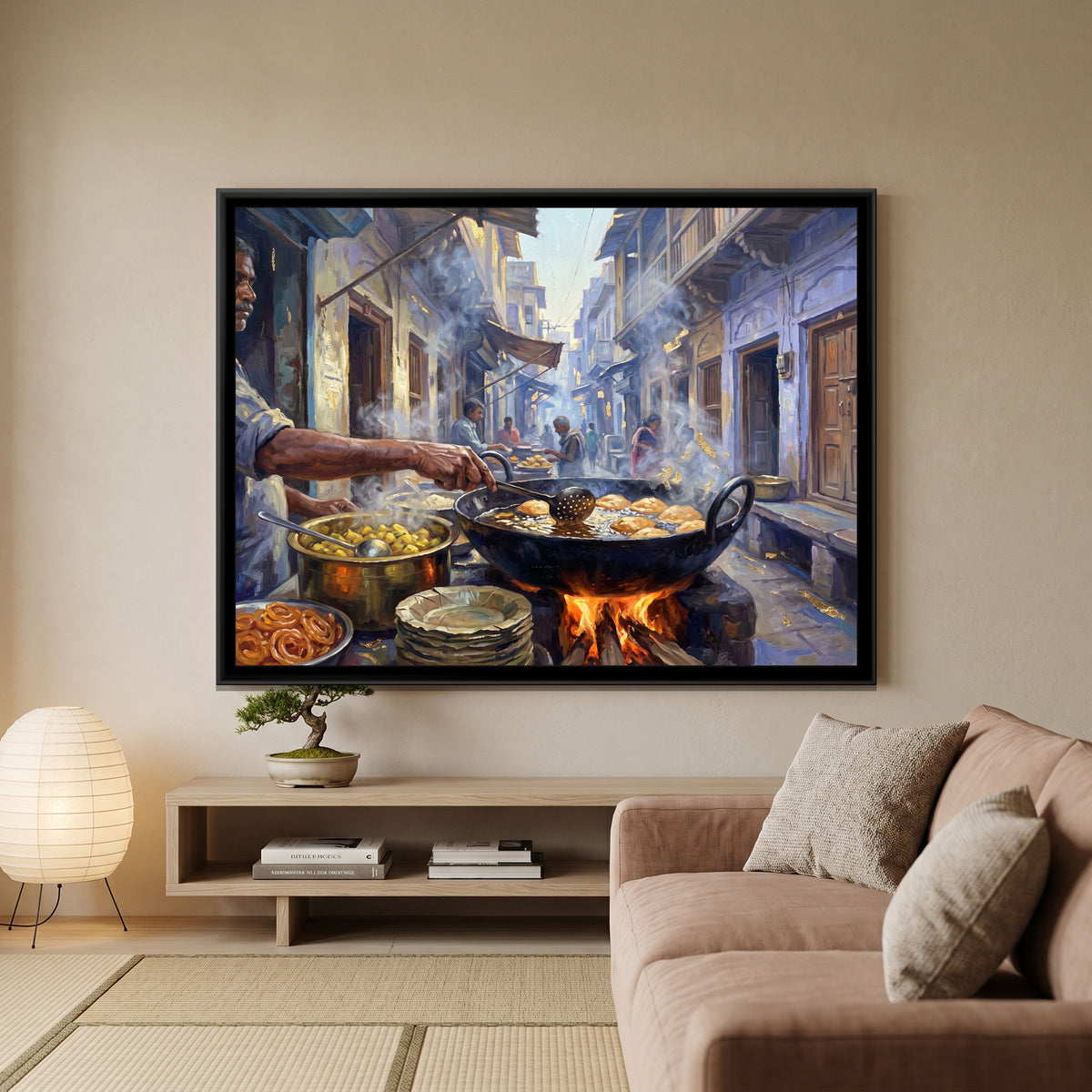 Kachori Sabzi at Dawn in Kachori Gali, canvas print shown in a second room