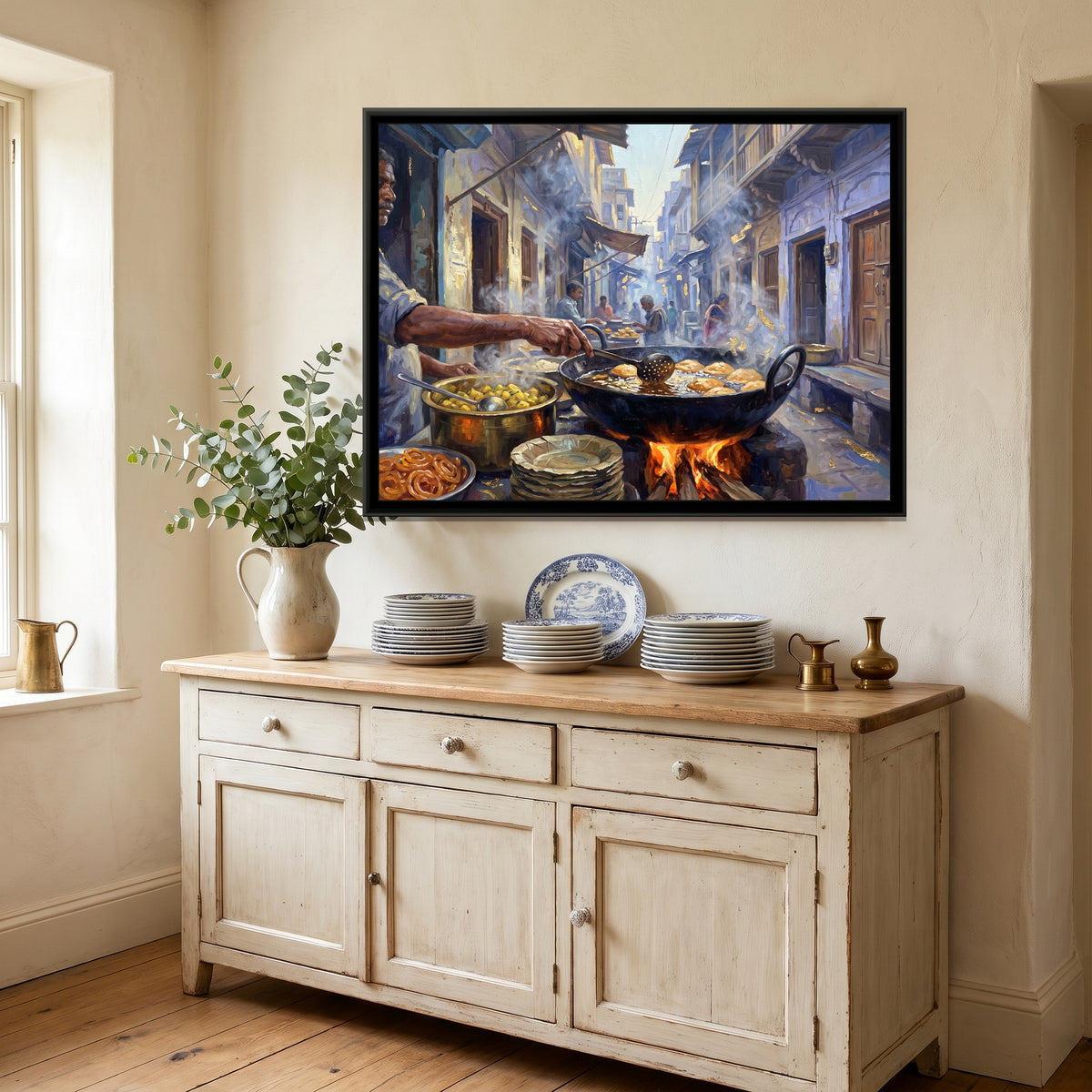 Kachori Sabzi at Dawn in Kachori Gali, canvas print above a cream dresser in a warm dining room