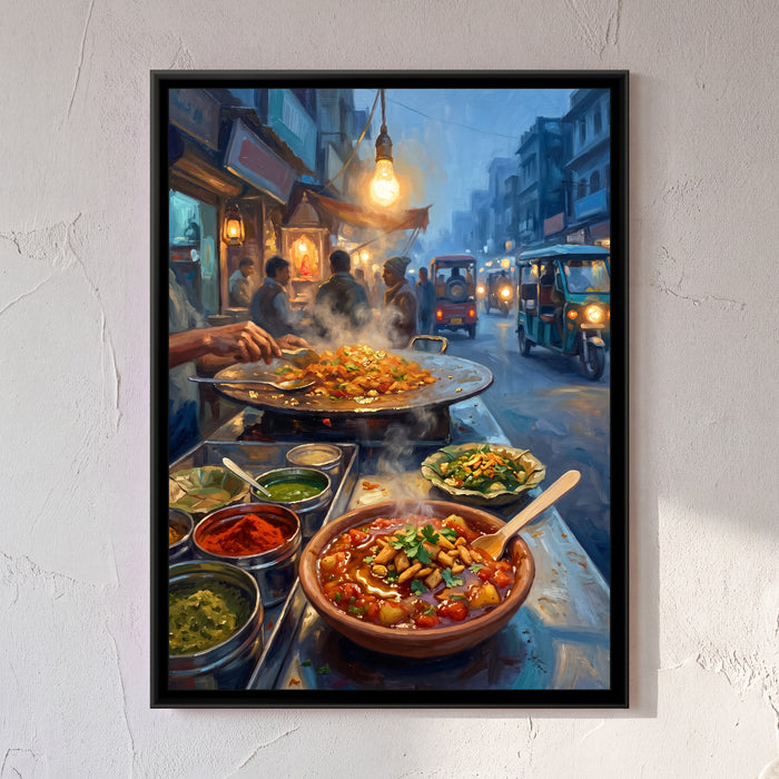 Tamatar Chaat at Dusk, Godowlia, framed canvas print on a wall