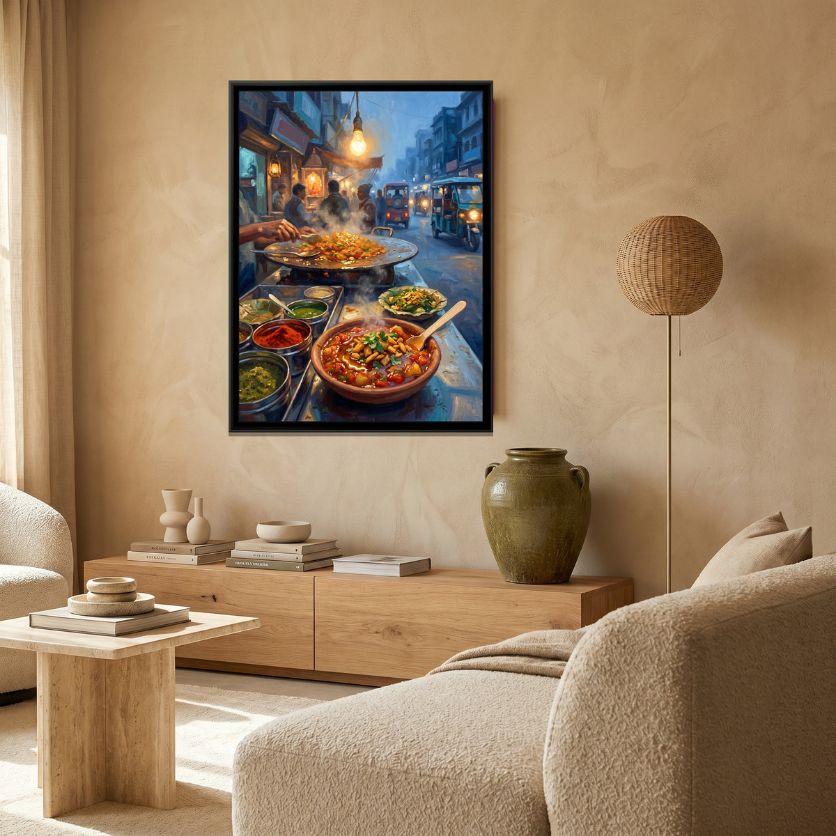 Tamatar Chaat at Dusk, Godowlia, canvas print in a warm sand-toned living room
