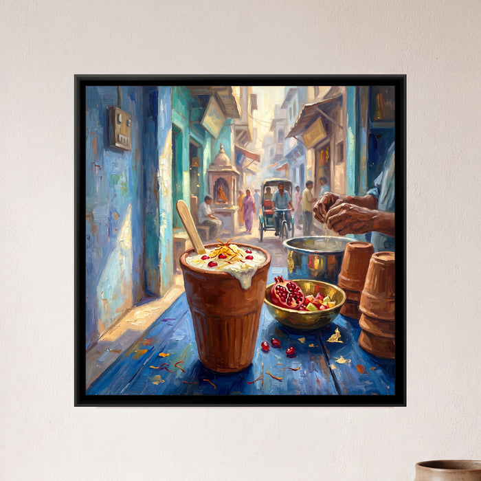 A Kulhad of Lassi in the Old Lanes, framed canvas print on a wall