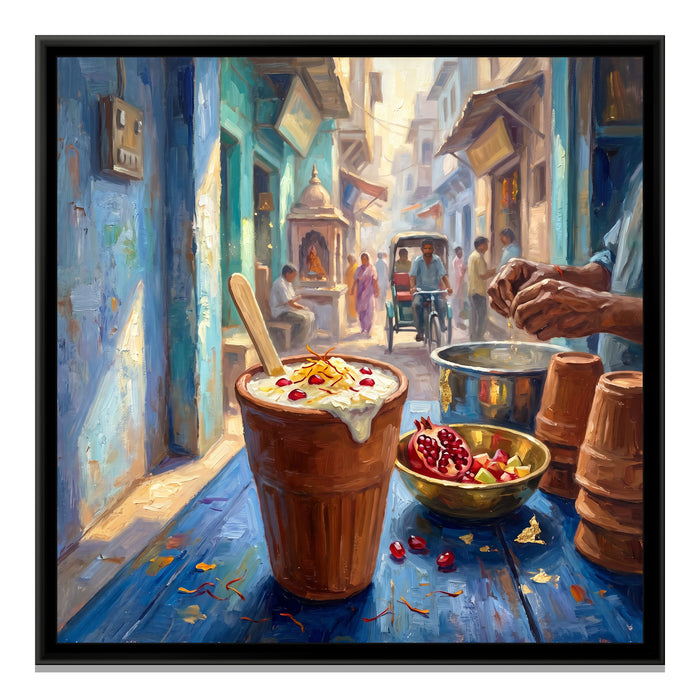 A Kulhad of Lassi in the Old Lanes, canvas print in a floater frame on a plain white background
