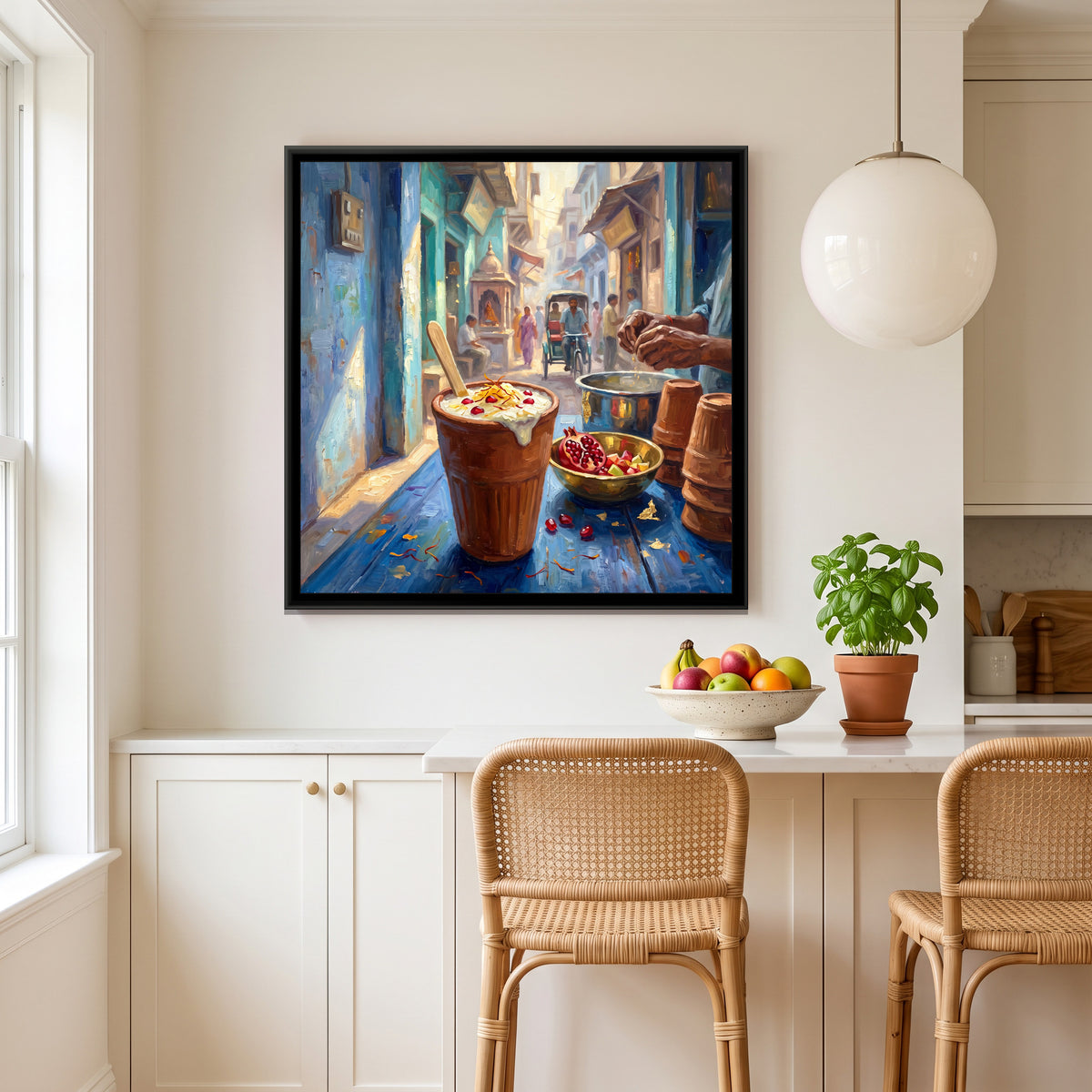 A Kulhad of Lassi in the Old Lanes, canvas print shown in a second room